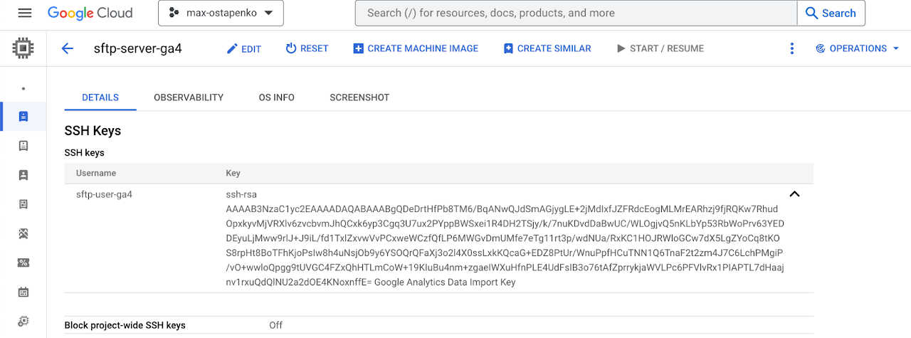 Public key on VM instance